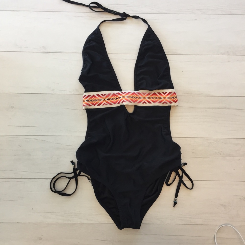 Black One-Piece Swimsuit with Patterned Band